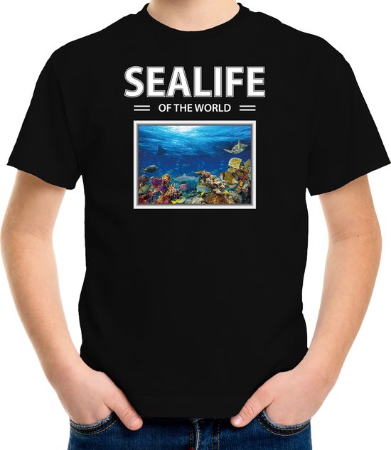 Dieren foto t-shirt Vis - zwart - kinderen - sealife of the world - cadeau shirt Vissen liefhebber - kinderkleding / kleding 122/128