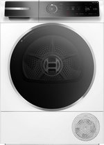 Witte Bosch Serie 8 warmtepompdroger met grote ronde zwarte deur met RVS accenten en een digitaal display.