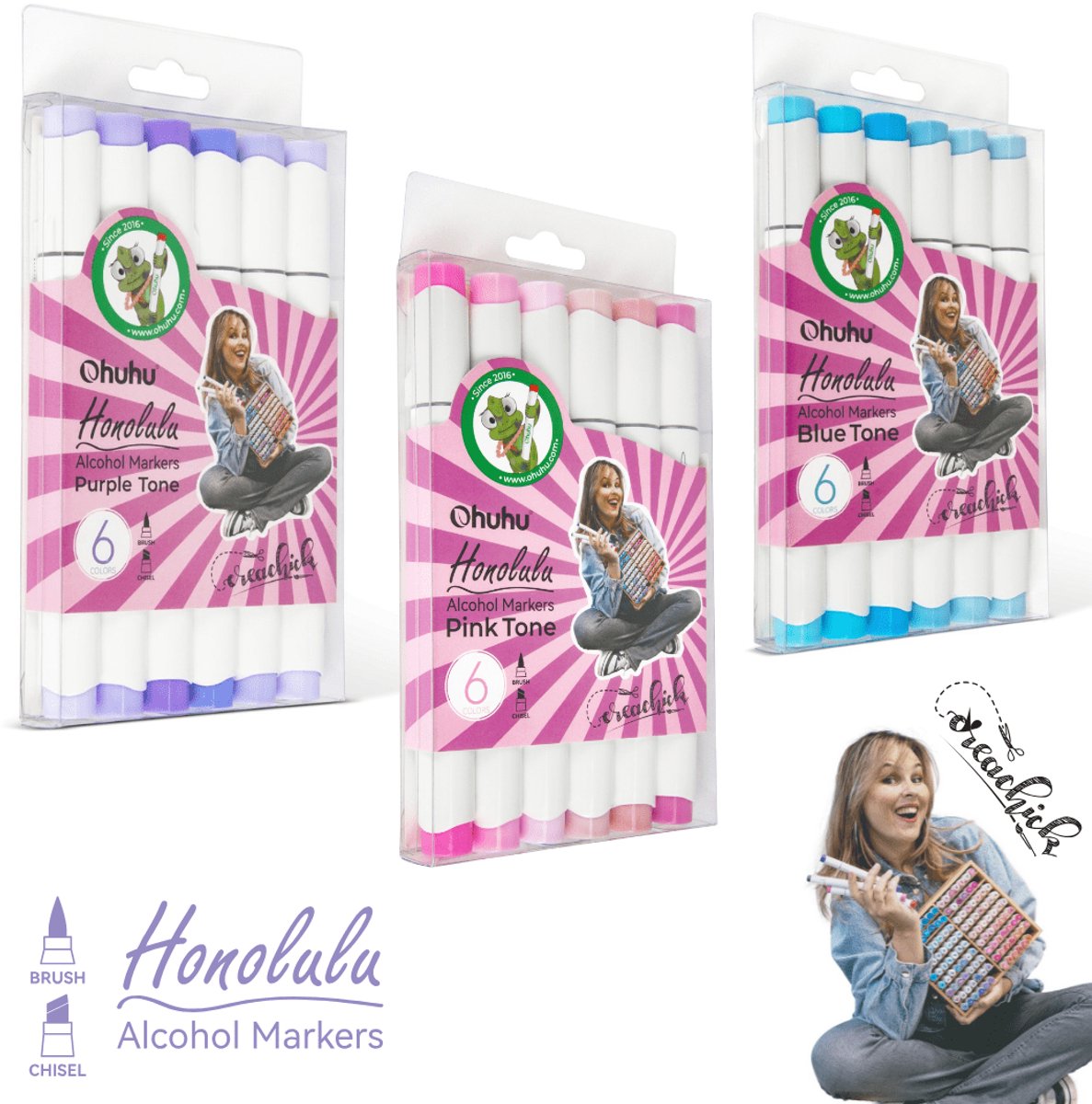 COMBI-DEAL: CreaChick X Ohuhu - Honolulu Brush & Chisel - Alcohol markers - Purple, Blue en Pink Tone (3 sets - 18 kleuren)
