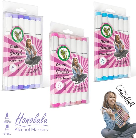 COMBI-DEAL: Creachick X Ohuhu Alcohol markers Brush & chisel - Purple, Blue en Pink Tone (3 sets - 18 kleuren)