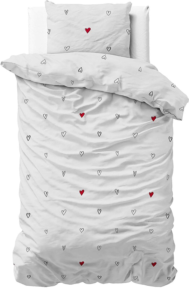 1-persoons dekbedovertrek (dekbed hoes) wit met kleine zwarte en rode hartjes / harten / hearts eenpersoons 140 x 220 cm (rustig beddengoed meidenkamer / tieners, cadeau idee!)