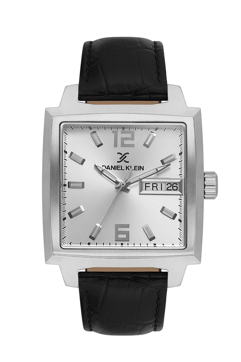 Daniel Klein DK.1.13991-1 - Horloge - Polshorloge - Analoog - Heren - Mannen - Leren band - Vierkant - Metaal - Datumaanduiding - Strepen - Cijfers - Zwart - Zilverkleurig