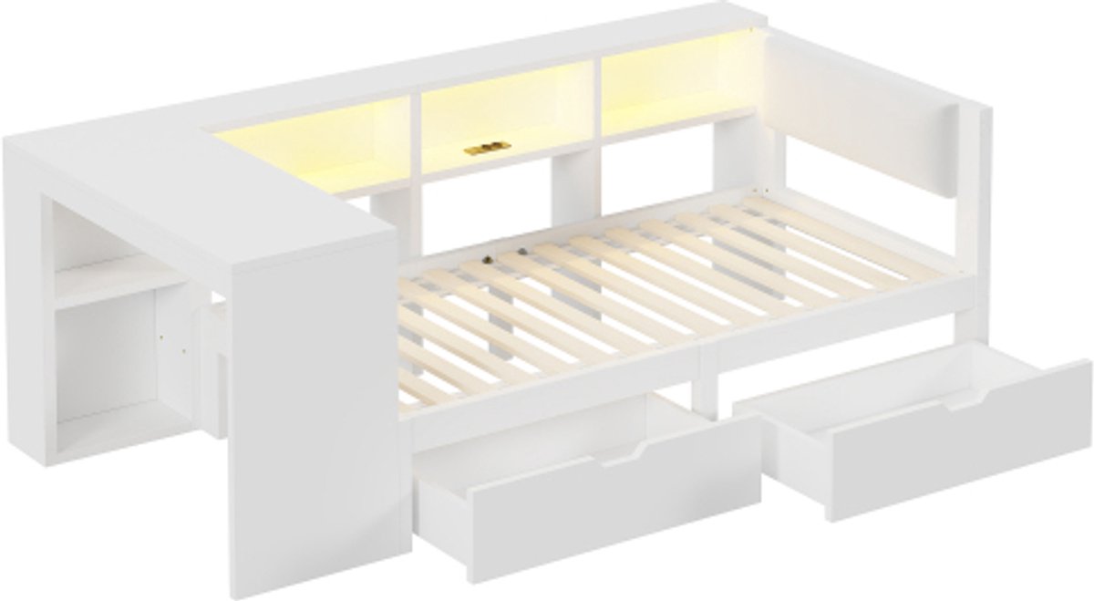 Houten bed 90x200cm Slaapbank met opbergruimte, lades, oplaadstation en hoofdeinde, met kl
