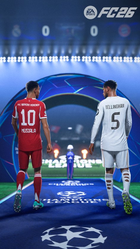 Voetballers Musiala (rood Bayern München) en Bellingham (wit) staan rug aan rug op een blauwe Champions League tunnel. EA Sports FC 26.