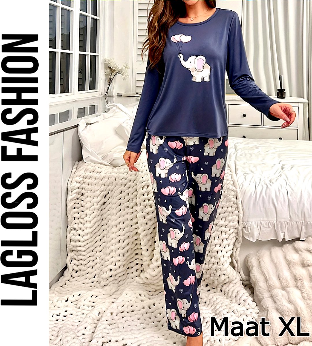 LaGloss® Dames Pyjama Set met Schattige Olifanten – Zacht Lounge- & Huispak Lange Mouwen All Season – Maat XL