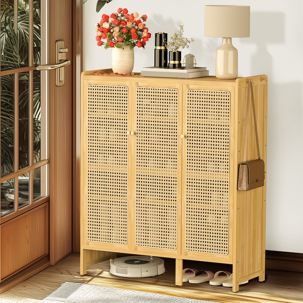 unho Bamboe schoenenkast groot - 5-laags schoenenrek met 3 rotan deuren - schoenenrek voor hal, slaapkamer of entree - vrijstaande schoenenkast met opbergvakken