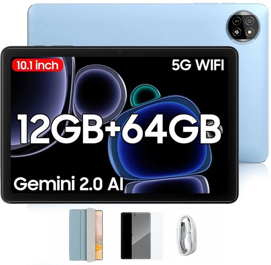 Blackview Tablet - Tab 20 WiFi Tablet - Met Hoes, Screenprotector - Android 15 - 12GB RAM + 64GB ROM(2TB Externe) - 10 inch HD Scherm - 6000mAh - Bluetooth 5G WiFi - Blauw