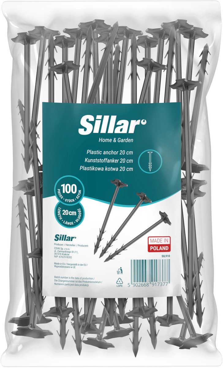 Sillar, grondankers, 20 cm, voor geotextiel, gaas, folie, UV-bestendig, stabiel en duurzaam, PP-kunststof, sterke tuinankers voor geotextiel, 100 stuks