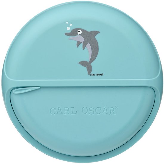 Carl Oscar – Blauw Dolphin – Coffret déjeuner Enfants – École et sorties – BentoDISC™ Ø18 cm – 0 L– Boîte de rangement et gourde 2 en 1 avec compartiment à goûter amovible