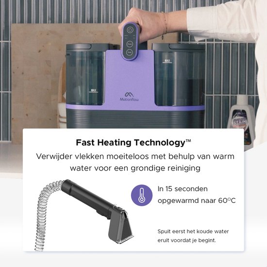 Motionflow 4-in-1 Tapijtreiniger - Verwarmingsfunctie en zelfreinigend - Vlekkenreiniger - Reinigingsmachine voor bank, vloer, auto en tapijt - Zetelreiniger met 4 Borstels / opzetstukken - Carpet Cleaner inclusief Schoonmaakmiddel