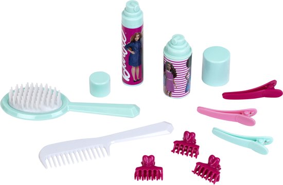 Roze en witte Barbie haaraccessoires: borstel, kam, potjes en clips.
