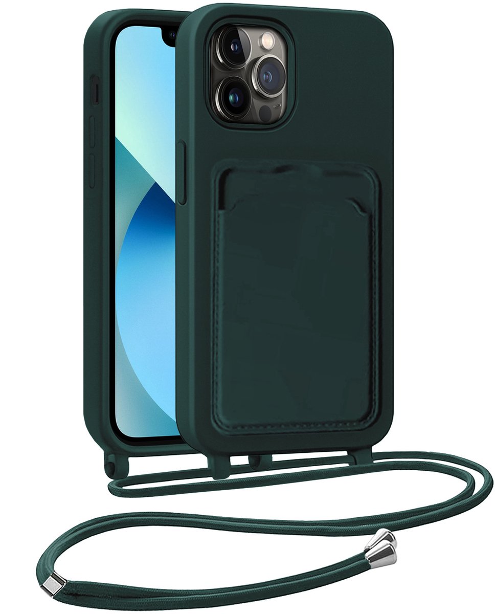 Hoesje Geschikt voor iPhone 13 Pro Hoesje Met Telefoonkoord en Pasjeshouder Siliconen - Hoes Geschikt voor iPhone 13 Pro Hoesje Met Kaarthouder Case - Donkergroen