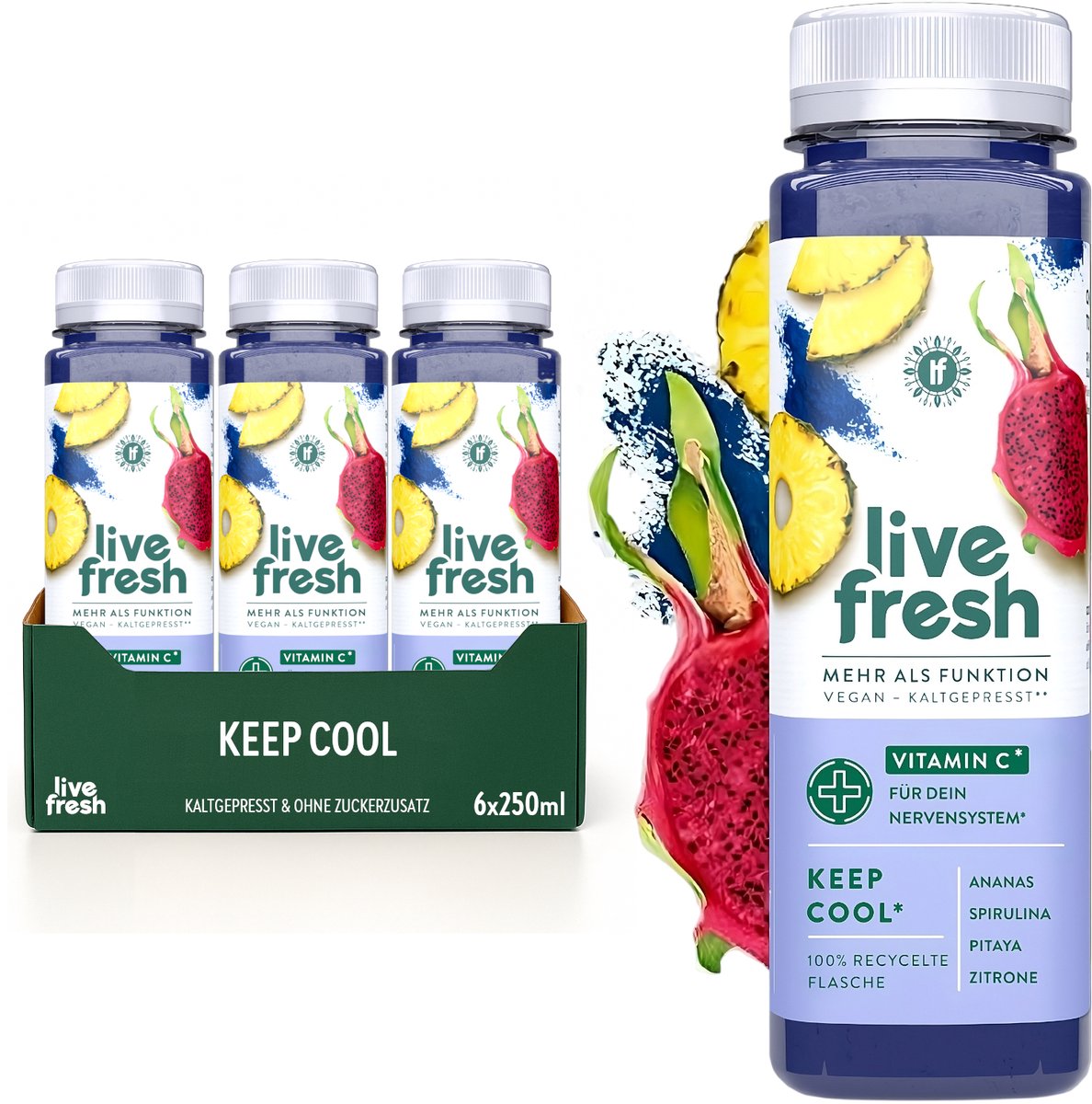 LiveFresh ananassap met vitamine C – koudgeperst vruchtensap zonder toegevoegde suiker – gemaakt van ananas, appel, citroen, pitaya & spirulina – Keep Cool – 6x250ml
