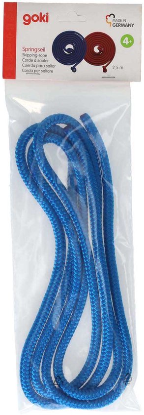Blauw springtouw van Goki, 2,5 meter lang, verpakt in plastic.