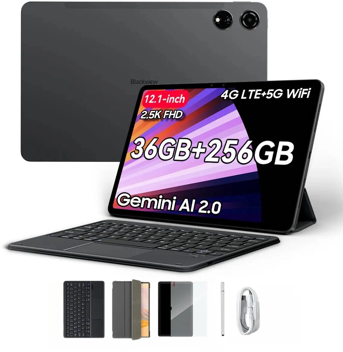 Blackview MEGA 3 Tablet - Android 15 - 12.1 Inch - 36GB RAM - 256GB ROM - Met Toetsenbord - Dual 4G LTE - 8800mAh - 13MP+50MP Camera - Grijs