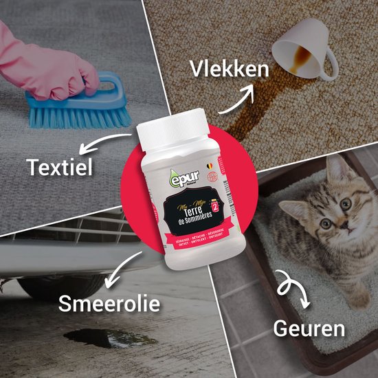 Collage met Epur Terre de Sommières pot en toepassingen: textiel, vlekken, smeerolie, geuren.