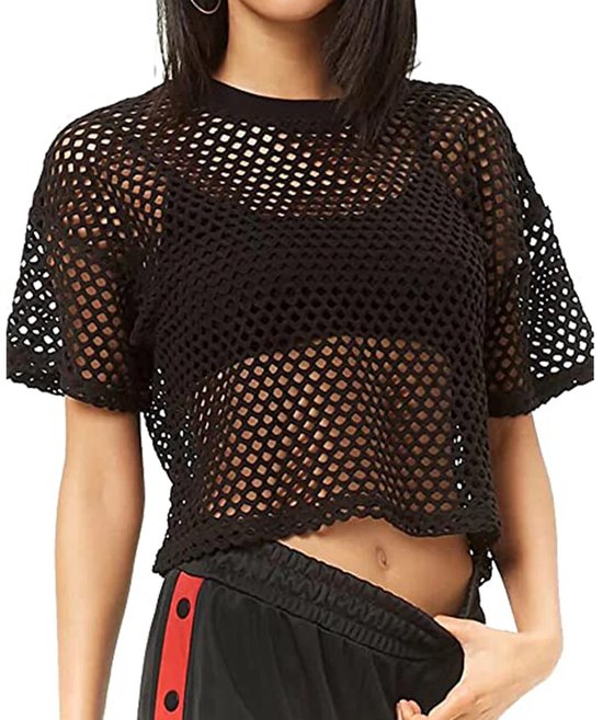 Haut court en résille pour femme - Chemise à trous - Haut - Transparent - Été - Festival