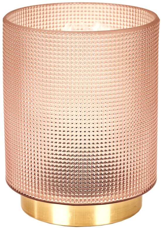 Lampe de table cylindrique en verre rose gaufré avec base dorée.