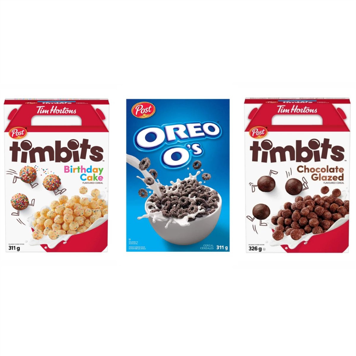 Post Multipak (Timbits Birthday Cake, Oreo O'S Cereal, Timbits Chocolate Glazed) (311g, 311g, 326g)
