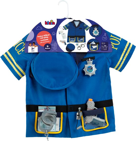 Klein Toys politie kostuum in verpakking, blauw uniform met gele opdruk, inclusief pet, handboeien, speelgoedpistool en fluitje.