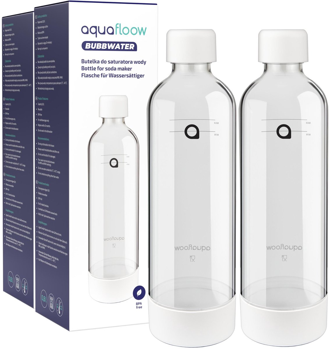AquaFloow, set 2 flessen voor carboneermachines, flessen voor sodamaker, 2x 800 ml, BPA-vrij, compatibel met AquaFloow Bubbwater, wit