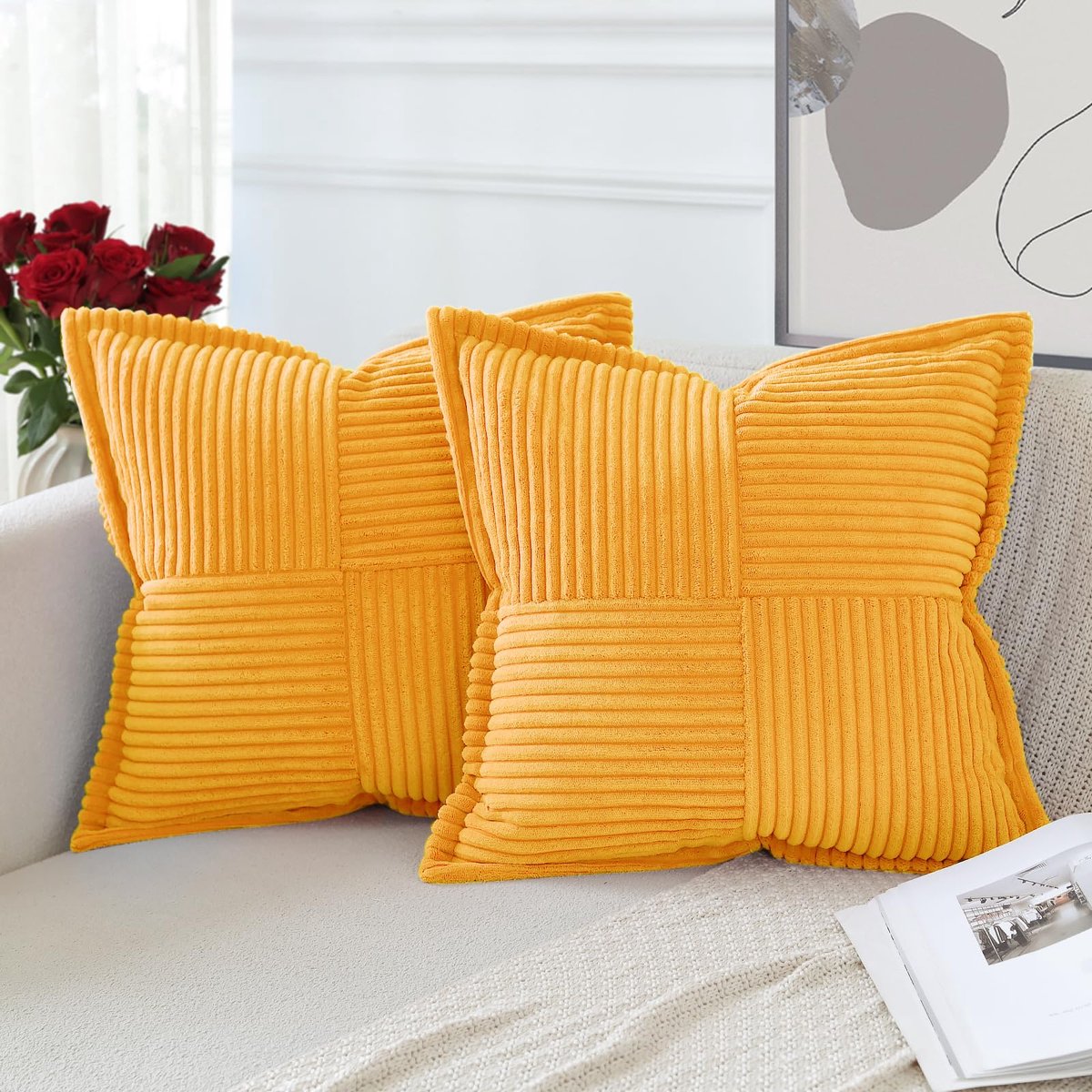 Ibenzoa® Set van 2 Corduroy Kussenhoezen, Goudgeel, 50 x 50 cm – Zachte Decoratie voor Woonkamer en Slaapkamer