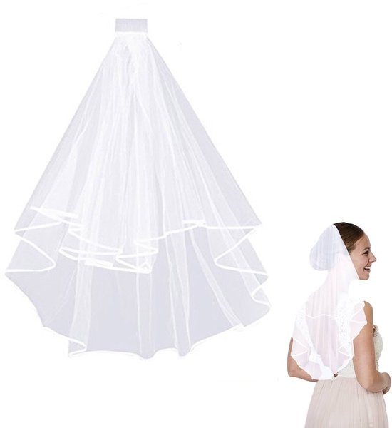 Sluier - Sluier Bruid - Bruidsluier - Kanten Sluier - Bruidsaccessoire - Sluier Op Diadeem - Bride To Be Sluier - Bruidssluier Voor Dames - Met Lintrand En Kam - Versiering - Decoratie - 2-Tier Bruiloft Bruidssluier - Voor Feest Bruiloft - Wit