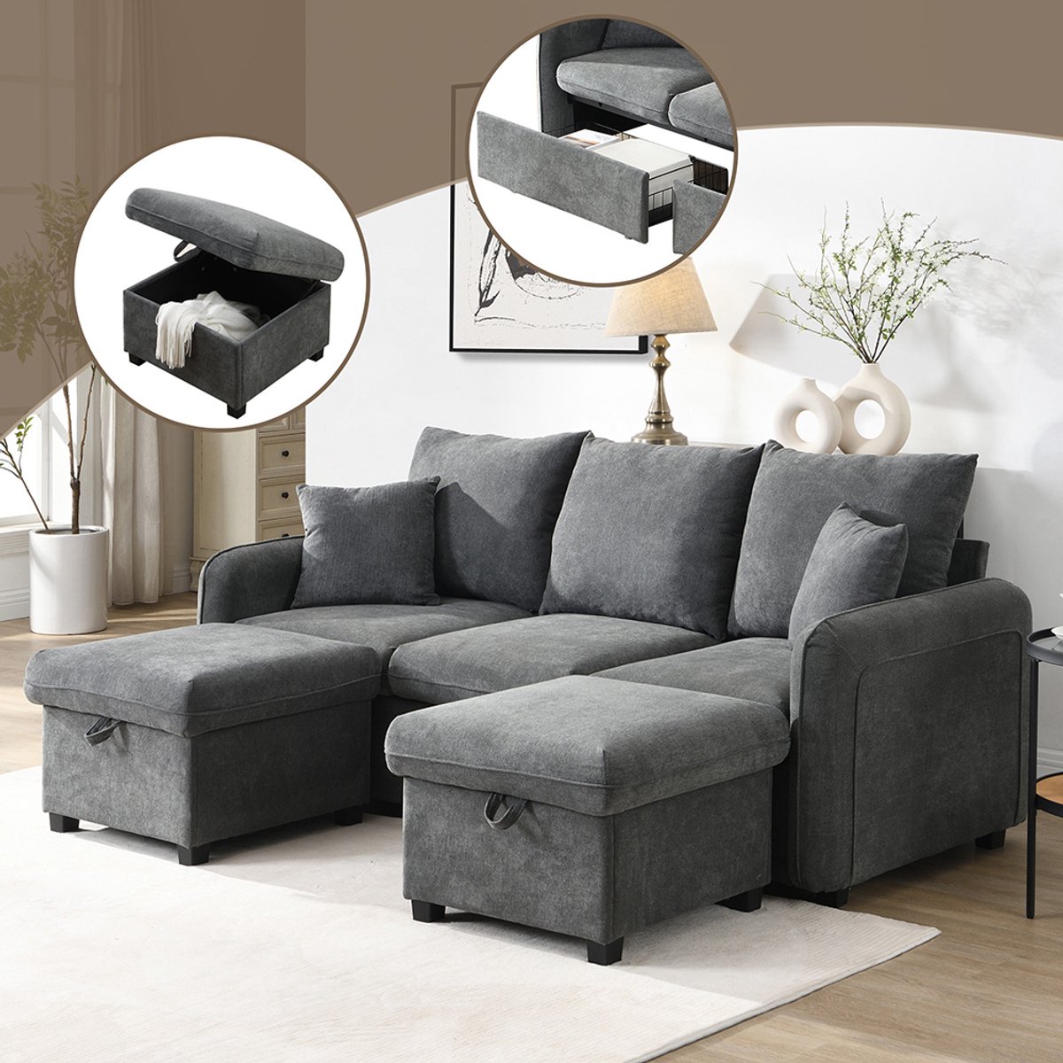Adel - Hoekbank 5-zits met chaise longue - Velvet zwart - Rechts