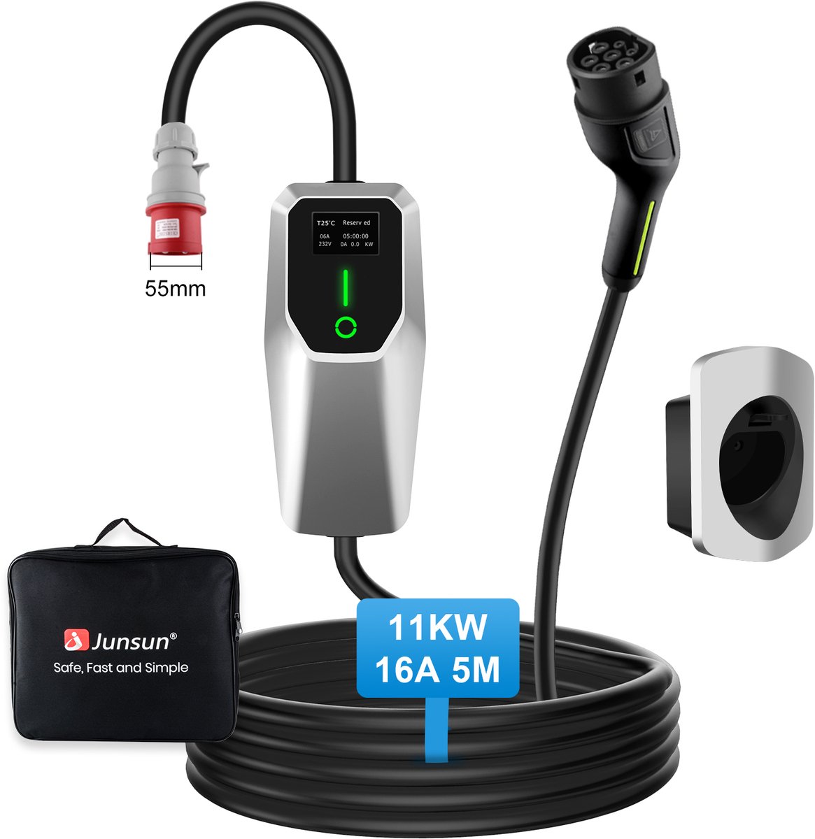JUNSUN Draagbare 3-Fase EV Laadkabel - Type 2, LCD Scherm
