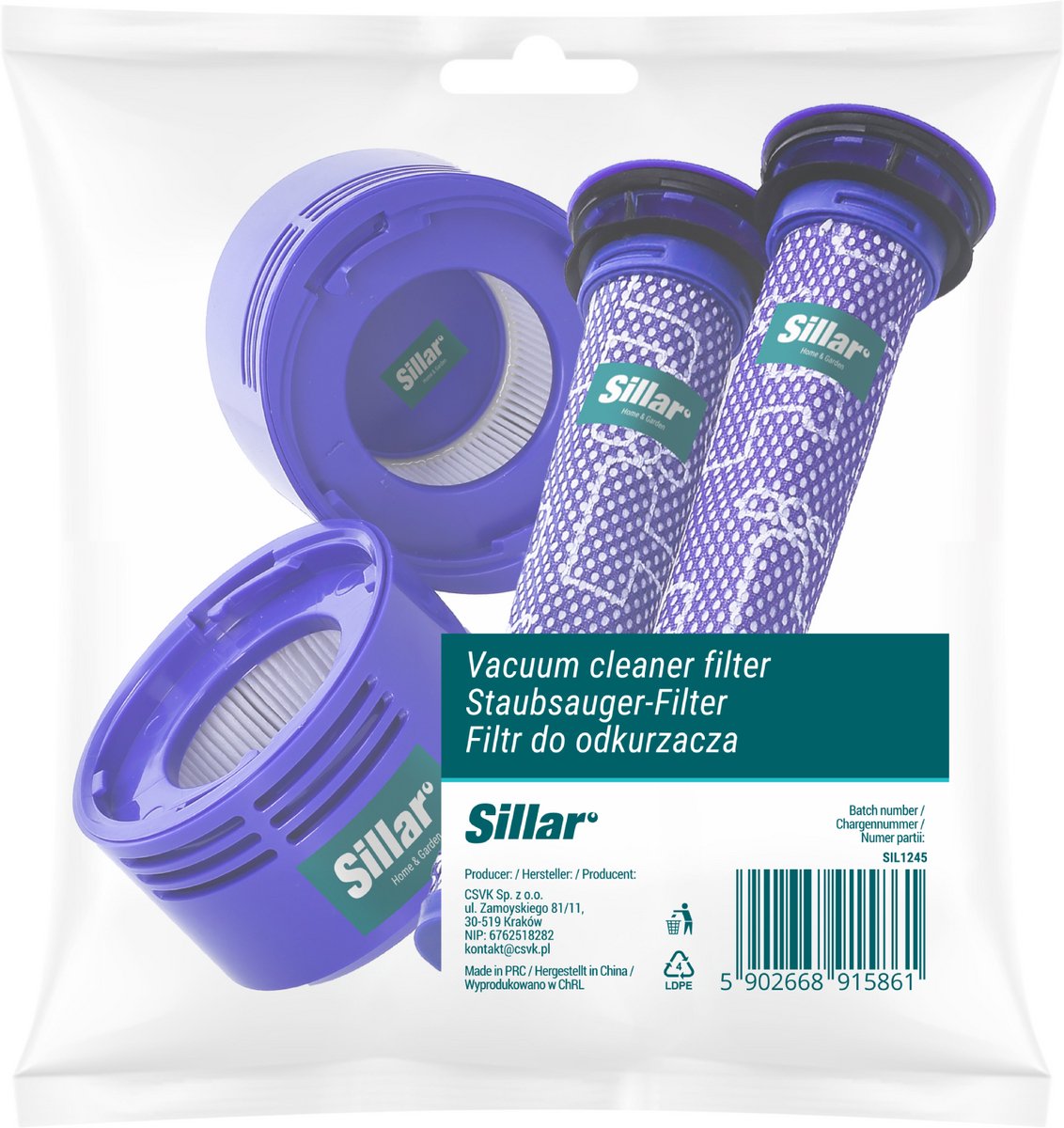 Sillar, set filters voor stofzuiger, voorfilter en HEPA-achtermotorfilter, vervanging, geschikt voor Dyson V8 V7 stofzuiger, reserveonderdelen filter, accessoireset, 4 stucks