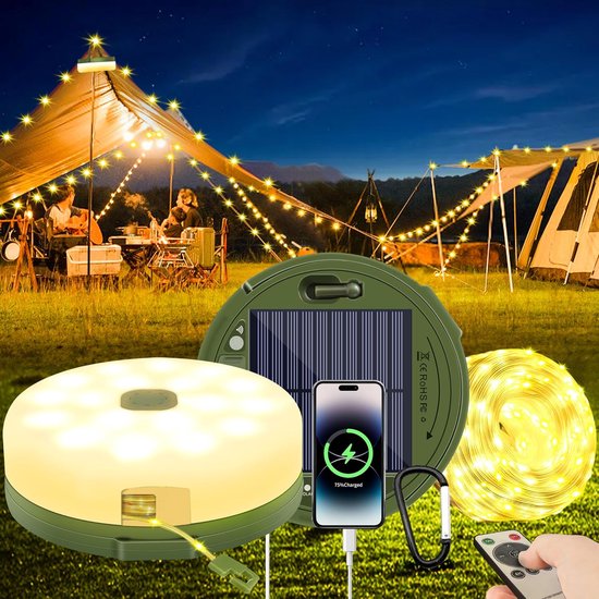 Siècle des Lumières Solar de camping Premium – 10 m, 100 LED d'ambiance – Avec télécommande et prise USB Type-C – Étanche (IP65)
