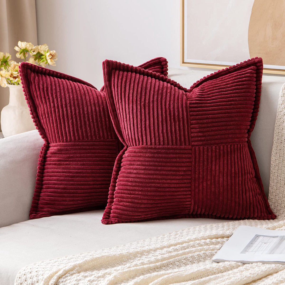 Ibenzoa® Set van 2 Corduroy Kussenslopen in Bordeauxrood, 45 x 45 cm – Zacht Fluweel voor Woonkamer en Slaapkamer
