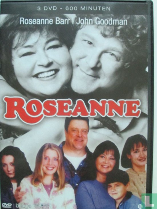 DVD-hoes met close-up van Roseanne Barr en John Goodman, met de volledige cast eronder. De titel 'Roseanne' staat prominent in rood.