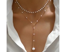2-delige Parelketting - Witkleurig Halsketting met Bolletjes - Verstelbare Lengte - Sieraad voor Festivals, Vakantie, School en Dagelijks Gebruik - Moederdag Tip