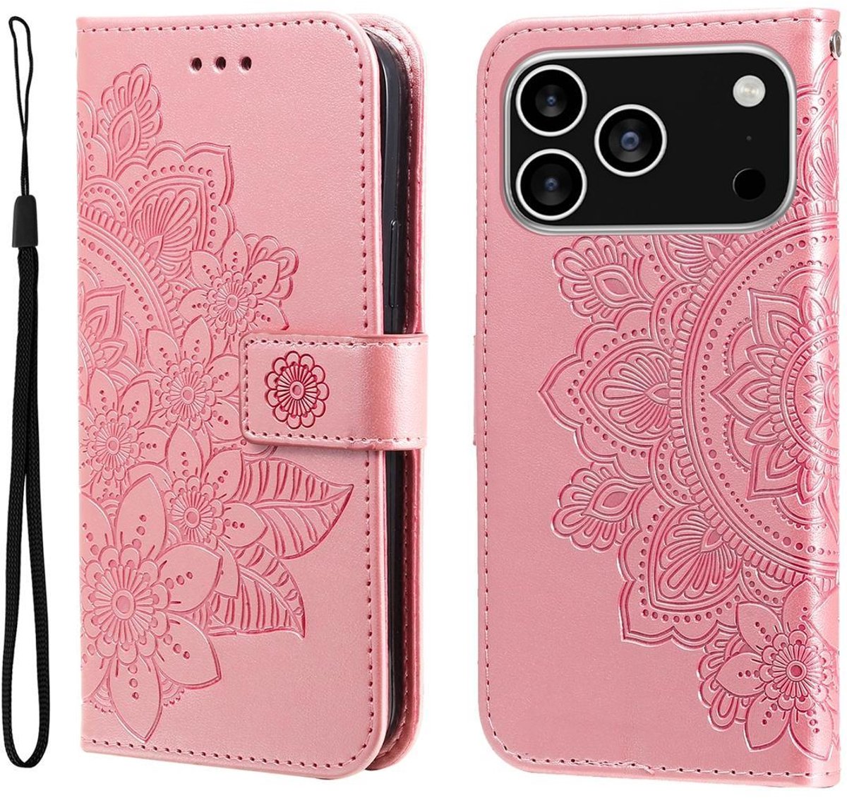 Mobigear Telefoonhoesje geschikt voor Apple iPhone 17 Pro Hoesje | Mobigear Flowers Bookcase Portemonnee | Pasjeshouder voor 3 Pasjes | Telefoonhoesje voor Pinpas / OV Kaart / Rijbewijs - Roségoud