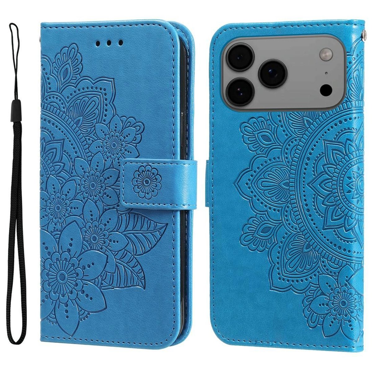 Mobigear Telefoonhoesje geschikt voor Apple iPhone 17 Pro Max Hoesje | Mobigear Flowers Bookcase Portemonnee | Pasjeshouder voor 3 Pasjes | Telefoonhoesje voor Pinpas / OV Kaart / Rijbewijs - Blauw