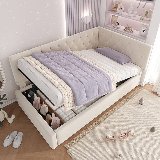 Kebnor Gestoffeerd bed, dagbed, slaapbank met hydraulische opbergruimte, leeslichtfunctie, kinderbed, tienerbed, bedframe met lattenbodem van hout, fluweel (zonder matras) (beige, 90 x 200 cm