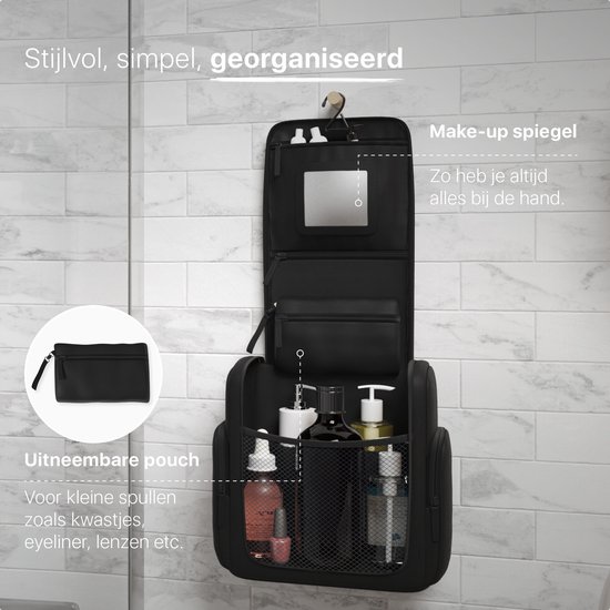 ONYX Toilettas Zwart - Make Up Tasje - Cosmetica Organizer - Interne Organizers - Beautycase & Make-Up Spiegel - Toiletzak Hangbaar met Haak - Dames en Heren - Maat: L