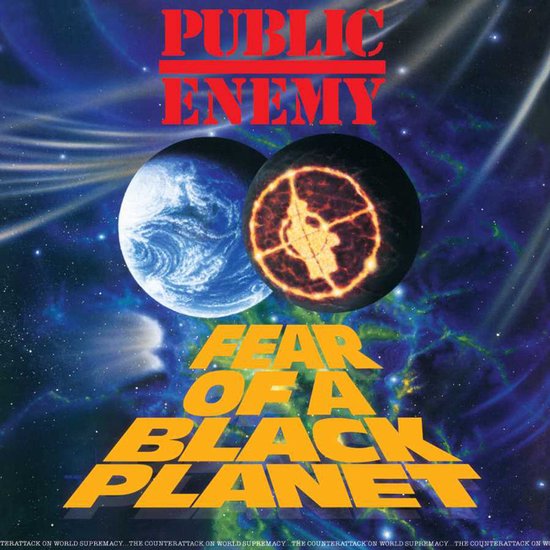 Albumhoes "Fear Of A Black Planet" van Public Enemy. Toont twee planeten in een space-achtige achtergrond.