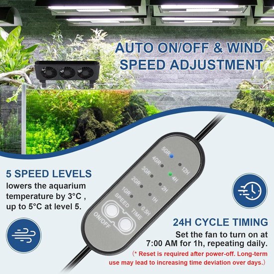 efuturetime Ventilator voor aquarium, 12 W, 5 instelbare snelheden, geluidsarm, clipventilator met timer voor aquaria van 70 cm, 4 koppen