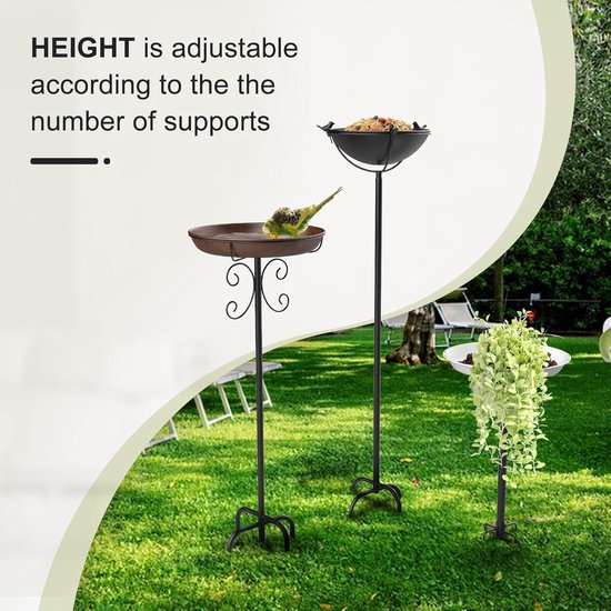 EFUTURETIME Metalen vogelvoederstation met standaard, 26 × 109 cm, in hoogte verstelbaar dienblad met 3 vogelsculpturen, voor tuin, outdoor, balkon, kleur brons