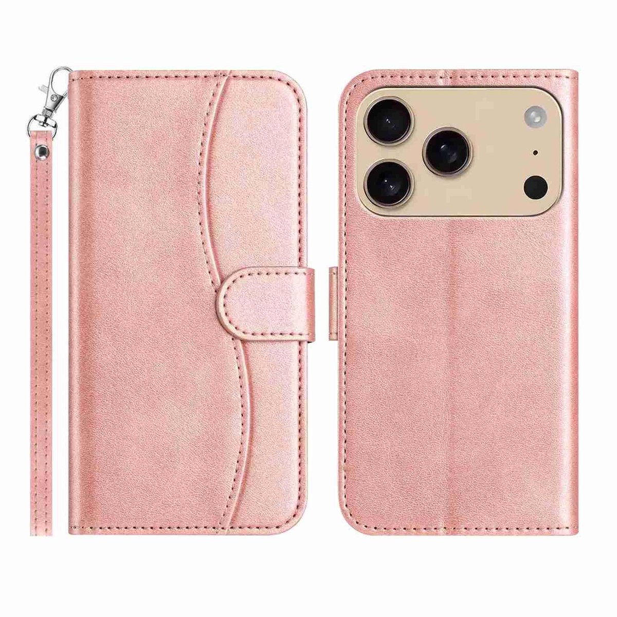 Mobigear Telefoonhoesje geschikt voor Apple iPhone 17 Pro Hoesje | Mobigear S Line Bookcase Portemonnee | Pasjeshouder voor 3 Pasjes | Telefoonhoesje voor Pinpas / OV Kaart / Rijbewijs - Roségoud