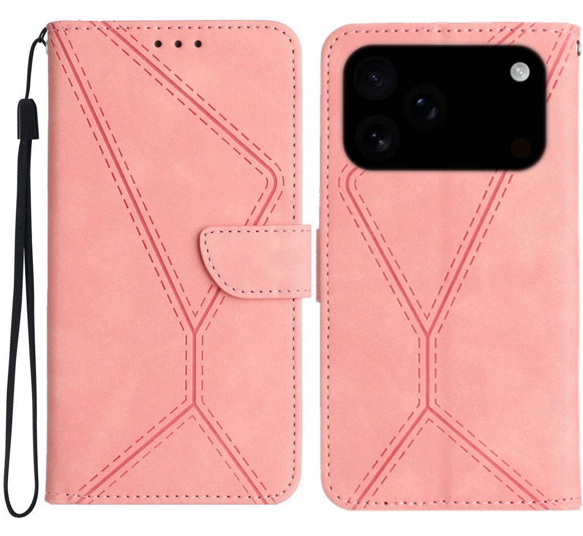 Mobigear Telefoonhoesje geschikt voor Apple iPhone 17 Pro Hoesje | Mobigear Stitch Bookcase Portemonnee | Pasjeshouder voor 3 Pasjes | Telefoonhoesje voor Pinpas / OV Kaart / Rijbewijs - Roze
