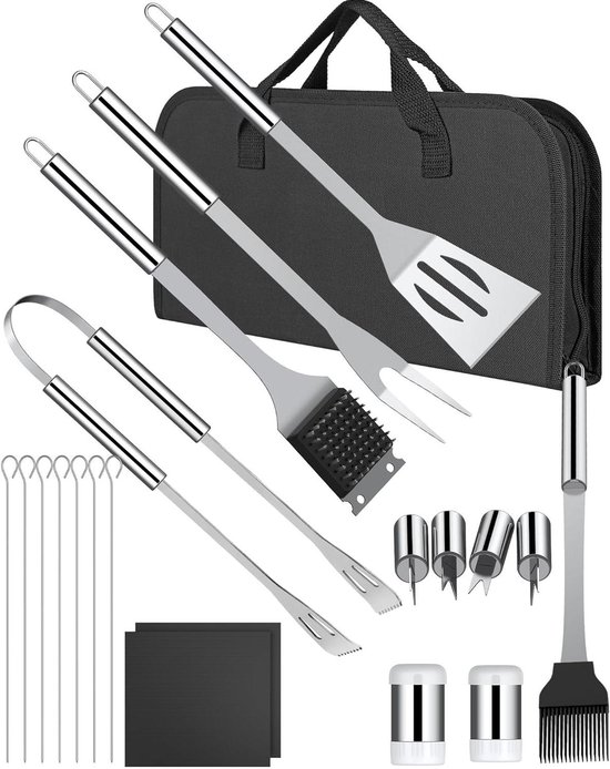 grilljoy 20pc Set Barbecue, Accessoires de Barbecue en Acier Inoxydable