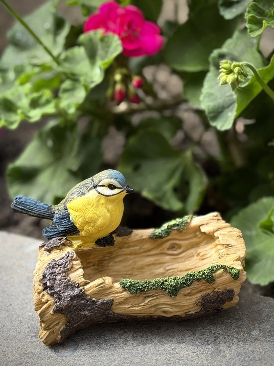 Pimpelmees op houten bak 6 cm hoog - bad of drinkbak vogeltjes - polyester - polystone - beeld - tuinbeeld - hoogkwalitatieve kunststof - decoratiefiguur - interieur - accessoire - voor buiten - cadeau - geschenk - kerst - nieuwjaar