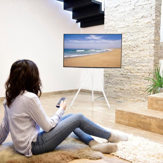 ECOTINY Easel TV standaard met wielen voor 49 tot 75 inch tv tot 40 kg, Easel Design met metalen structuur en houten plank, beweegbare tv-standaard op wielen voor winkel, kantoor, school, huis