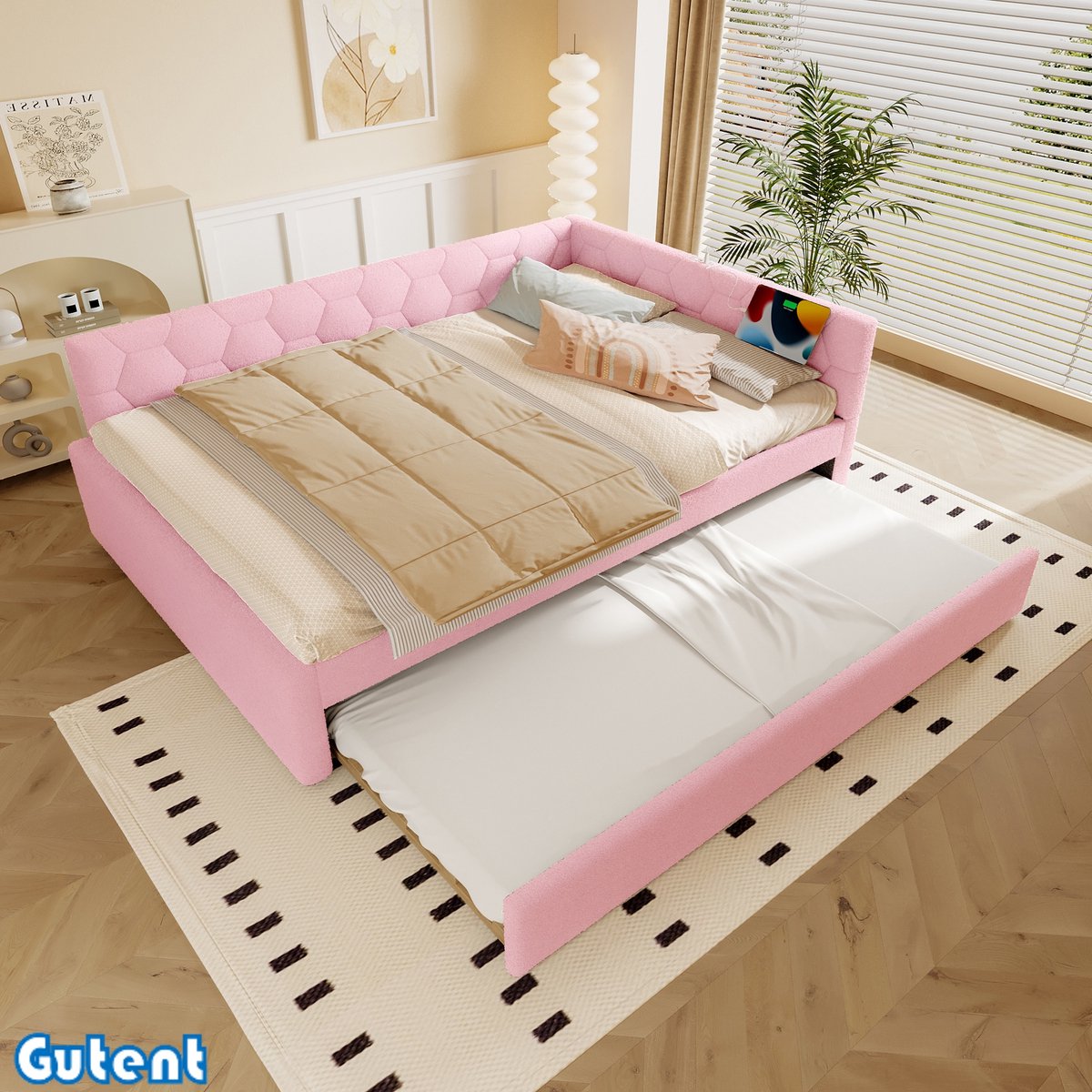 Gutent Slaapbank-140*200 cm-met lattenbodem (zonder matras)-met bedlampje-met uitschuifbed-USB-interface-Type-C-Kunstwol-Roze