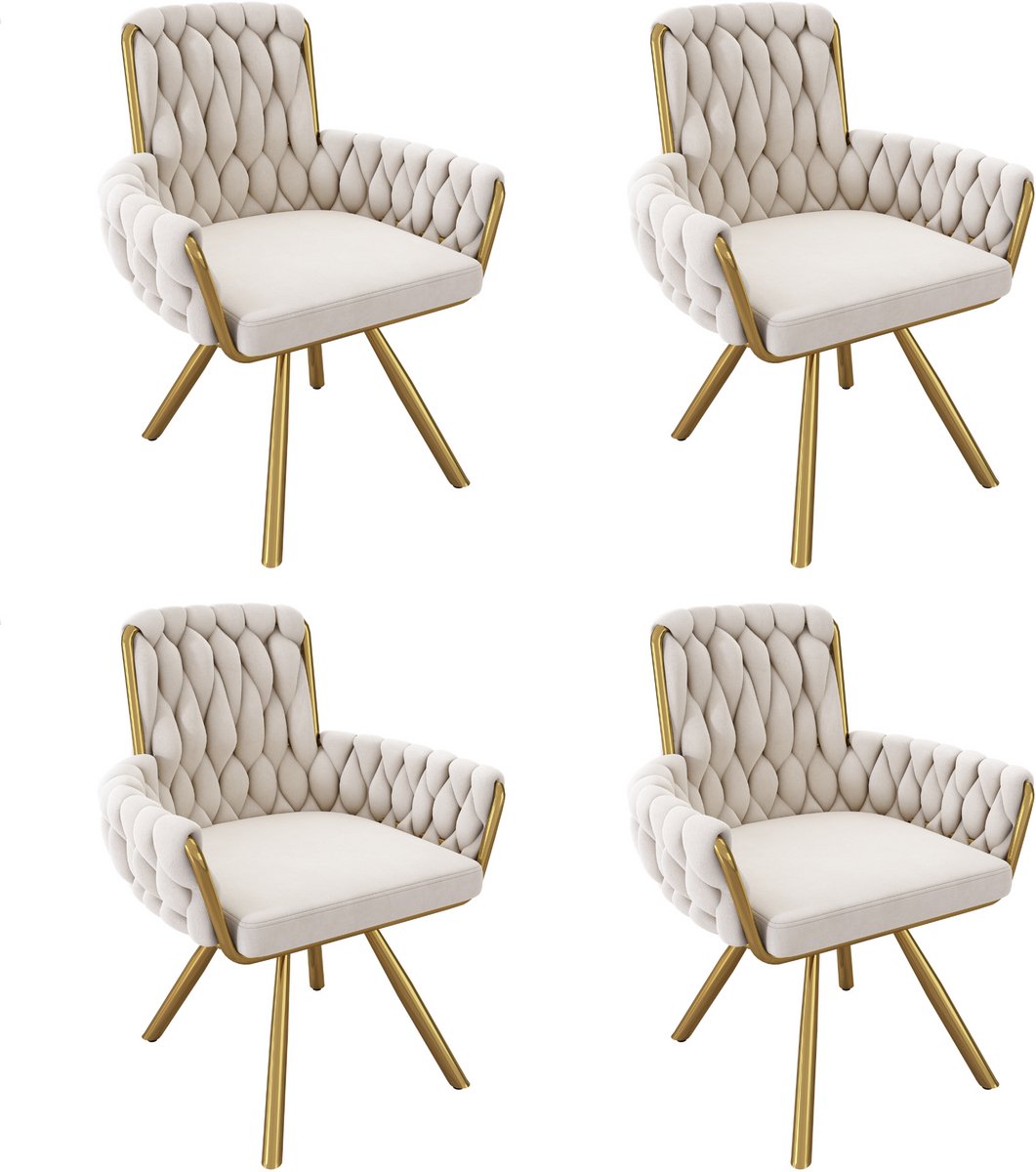 Merax Fluwelen eetkamerstoel - set van 4 - fauteuil - enkele luxe woon- en slaapkamer draaistoel - lounge draaistoel - beige
