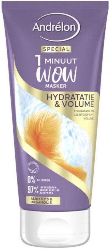 Paarse tube Andrélon Special 1 Minuut Wow masker met gouden veer