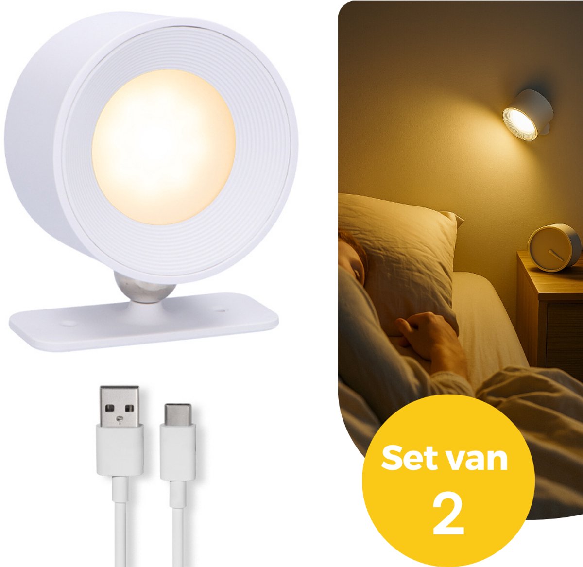 Latium Wandlamp Set van 2 – Oplaadbaar op Batterijen Draadloos voor Binnen – Dimbaar – Wandlamp op Accu – Nachtlampje – USB Oplaadbaar – Wit